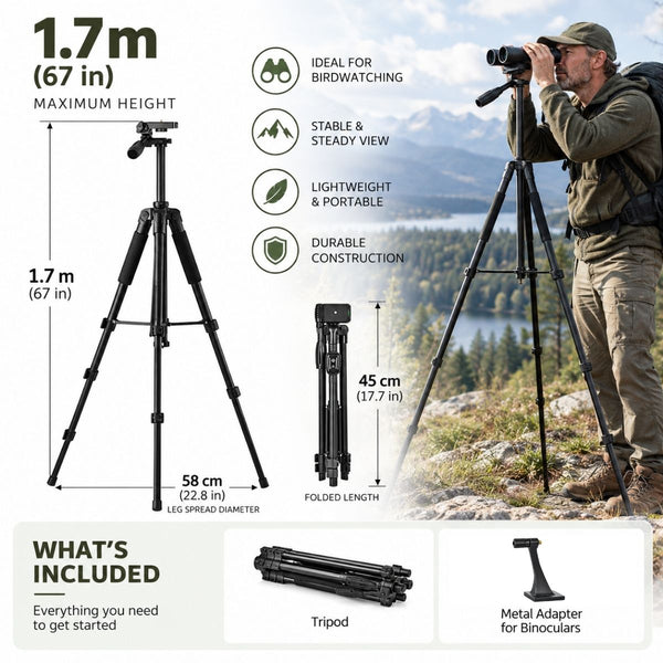 Heavy-Duty Aluminum Tripod 67 in with Pan Head — 26 mm Legs, for Spotting Scopes and Binoculars